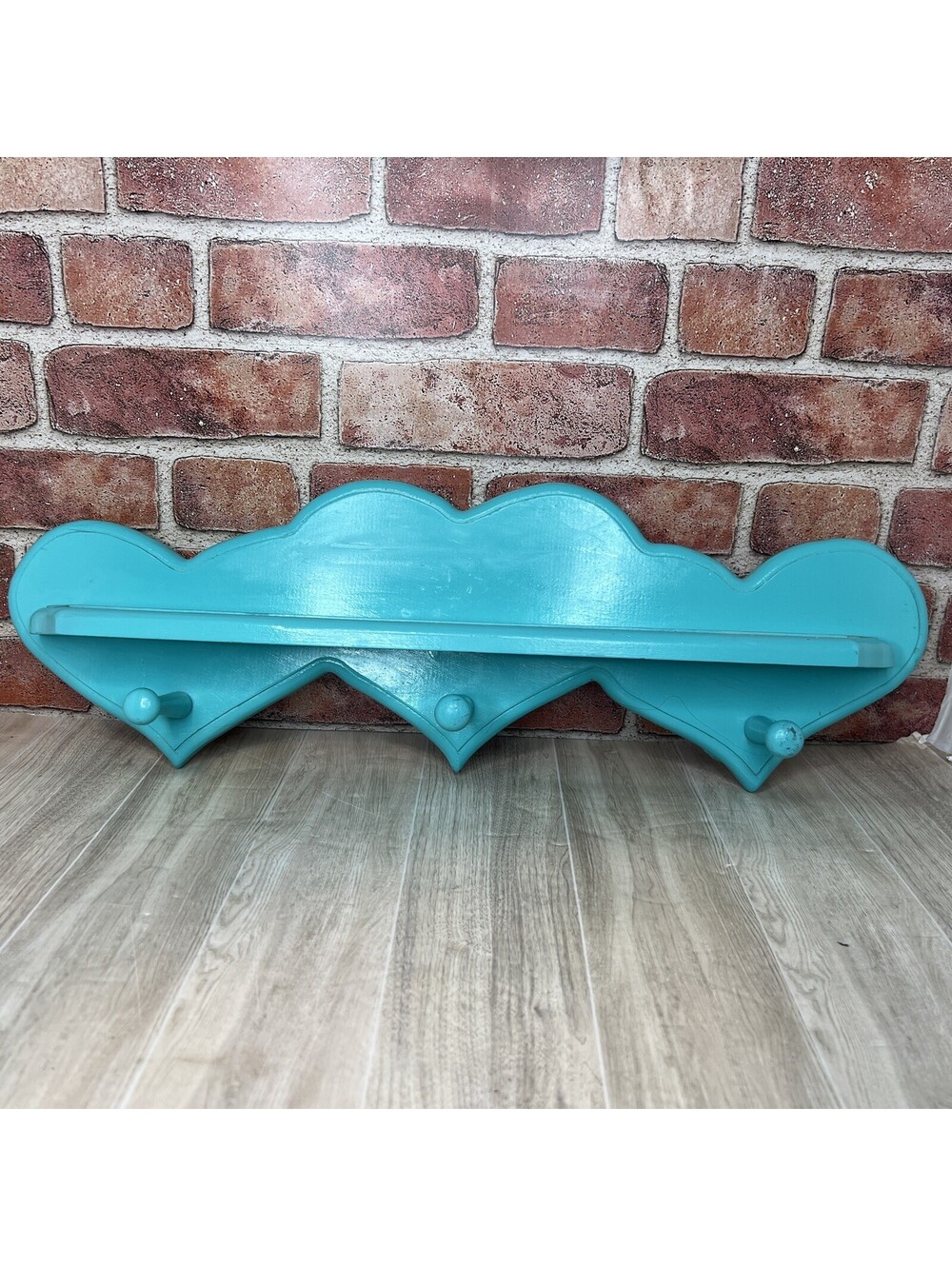 MCM Cottage Core Turquoise Aqua  Wooden Shelf 3 Pegs Knick Knack Shelf 24”